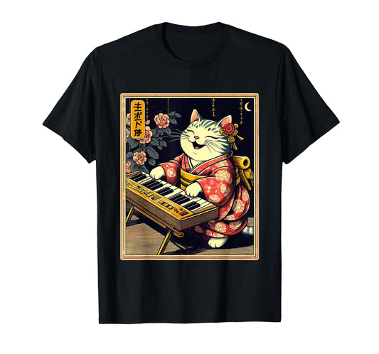 Japanese Samurai Cat Playing The Keyboard T-Shirt