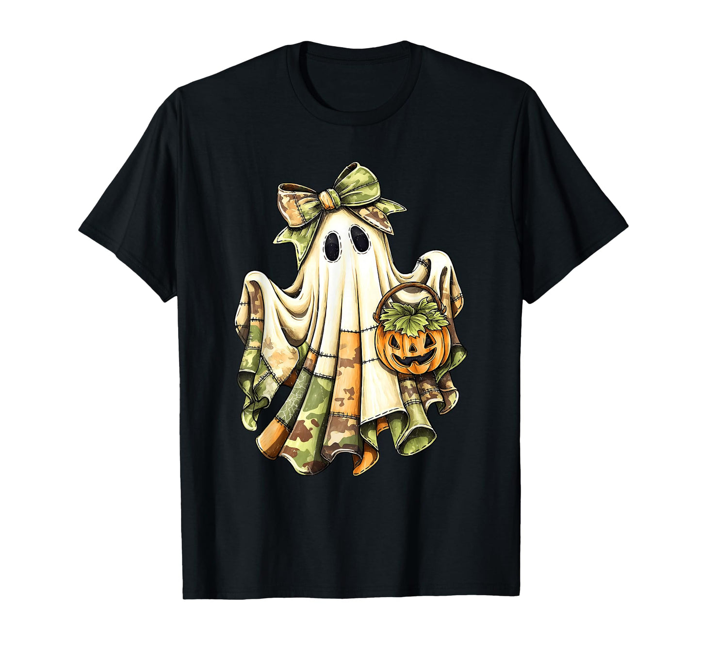 Retro Halloween Green Camo Patchwork Spooky Ghost Girly T-Shirt