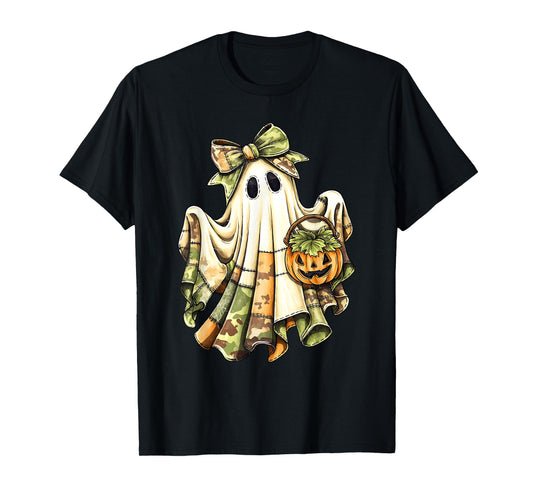 Retro Halloween Green Camo Patchwork Spooky Ghost Girly T-Shirt