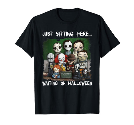 Chibi Horror Movie Just Sitting Here Waiting On Halloween T-Shirt