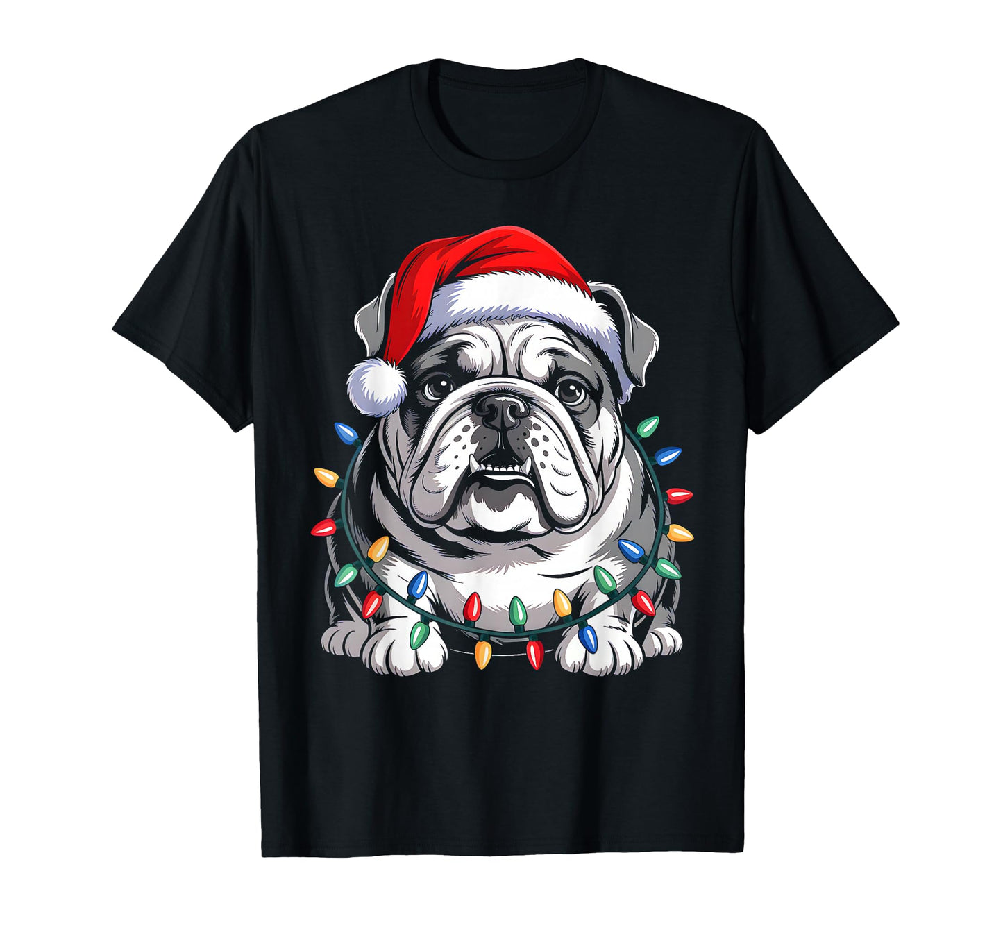 English Bulldog Christmas Lights Santa Hat Xmas Dog Lover T-Shirt