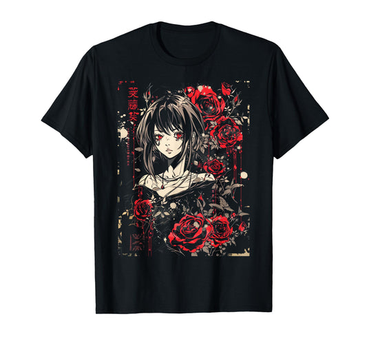 Anime Japanese Goth Cyberpunk City Roses Art Aesthetic T-Shirt