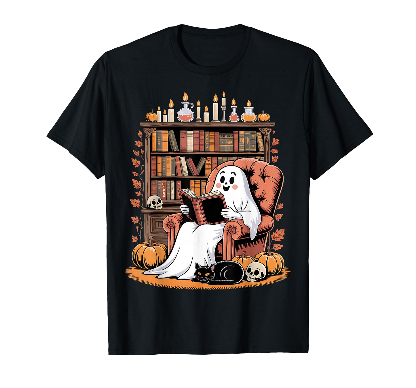 Retro Ghost Reading Books cat, Librarian Ghost Halloween T-Shirt