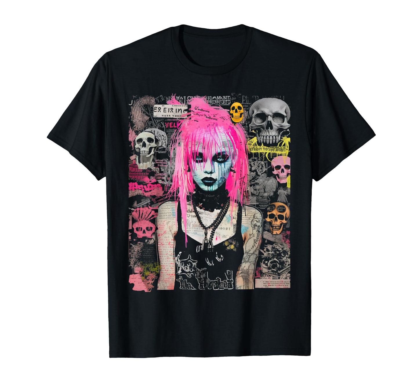 Pink Hair Punk Goth Witch With Skull Collage Background T-Shirt