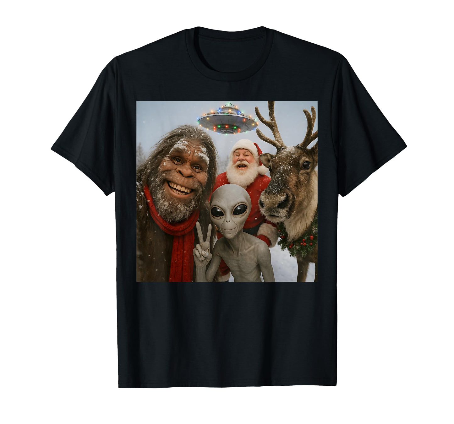 Funny Bigfoot Alien UFO Santa Reindeer Christmas T-Shirt