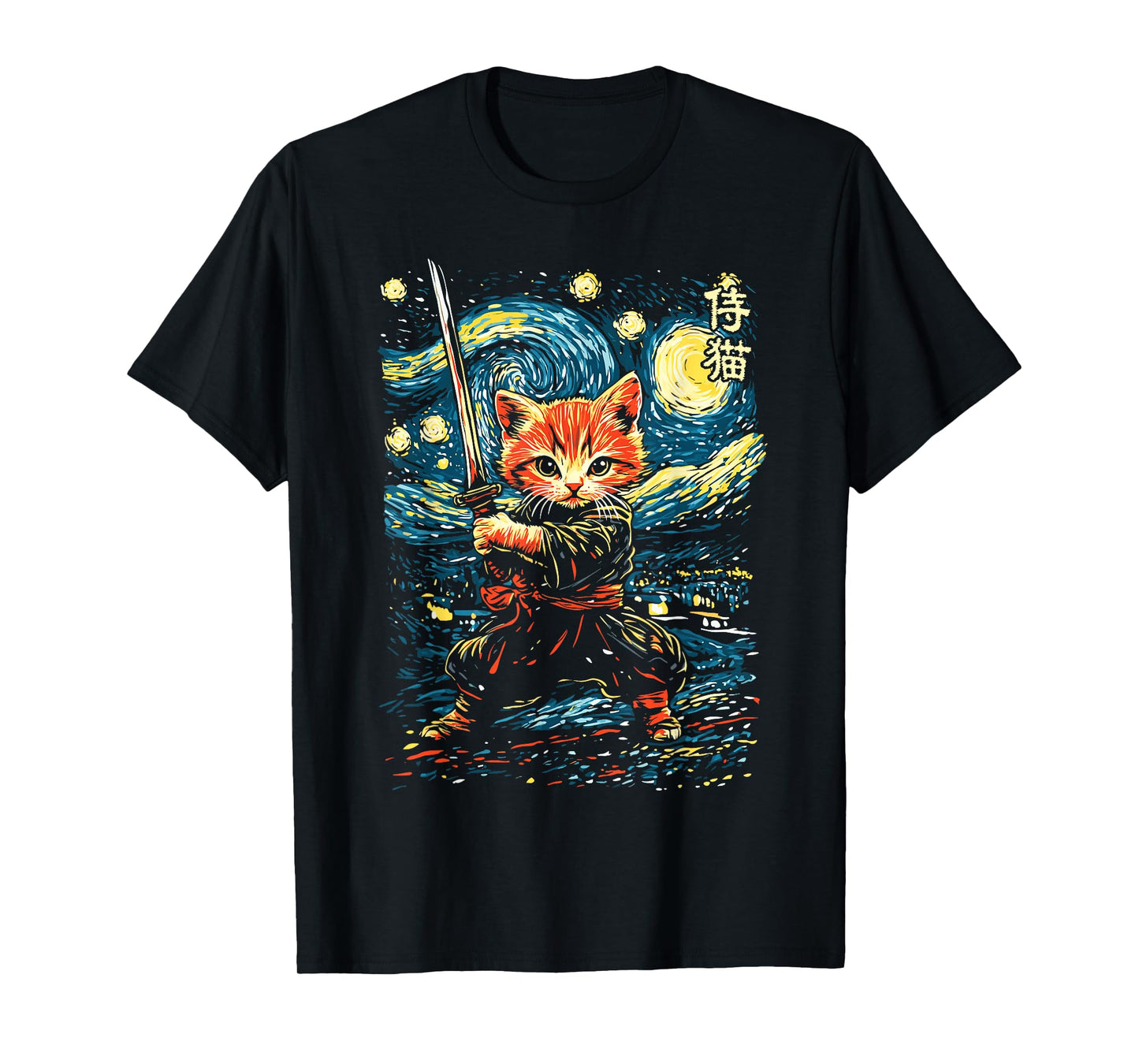Japanese Samurai Ninja Cat in Starry Night Style T-Shirt