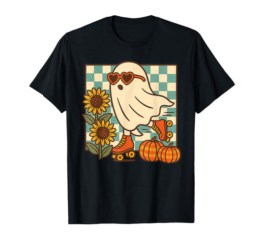 Retro Fall Ghost Roller Skating Halloween Graphic T-Shirt