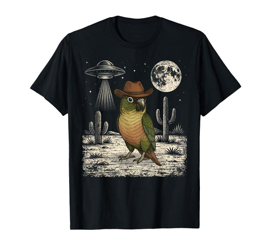 Funny Green Cheek Conure Parrot Cowboy Western UFO T-Shirt