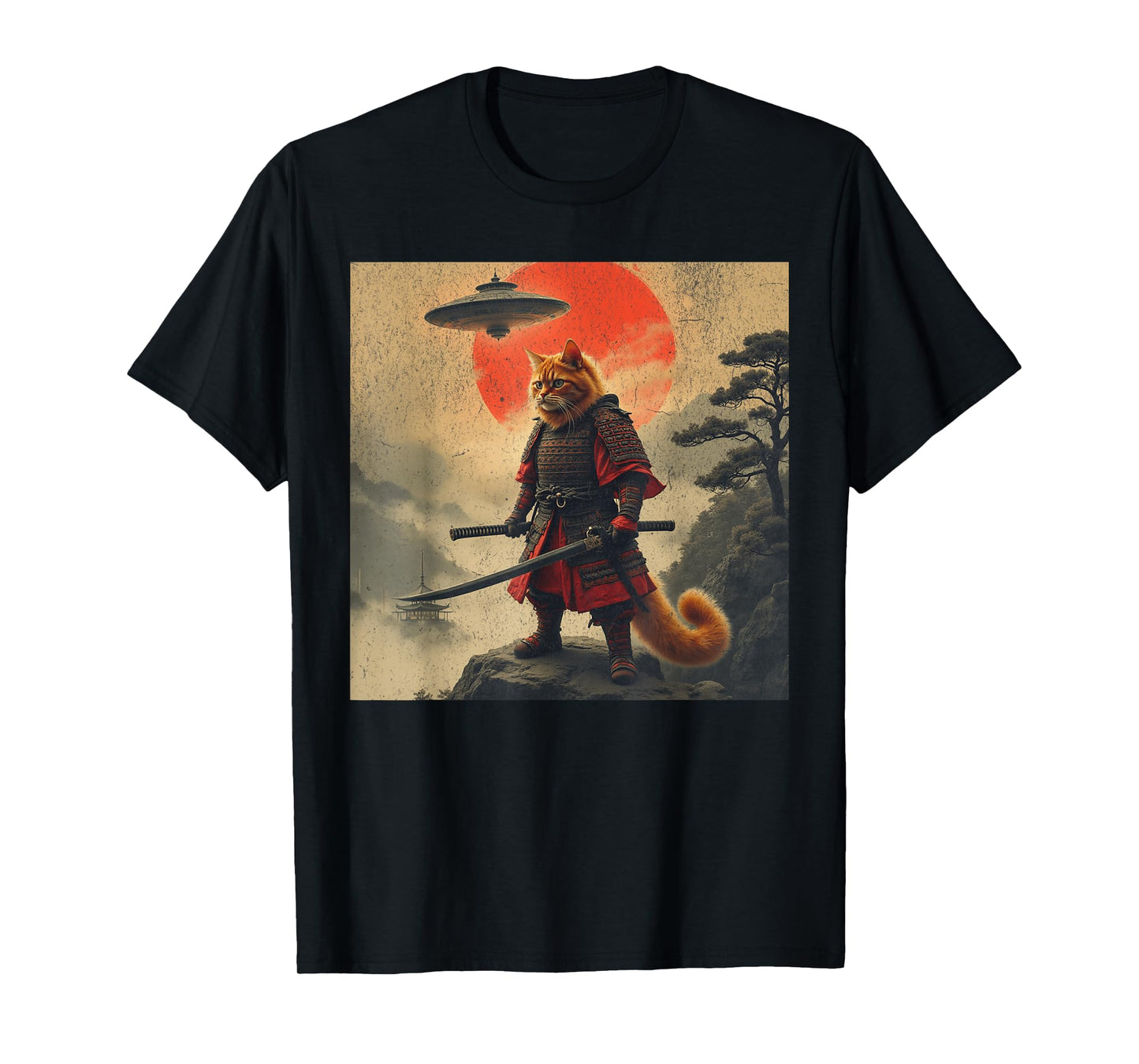 Samurai Orange Cat Warrior Japanese UFO Vintage Ukiyo-e Art T-Shirt