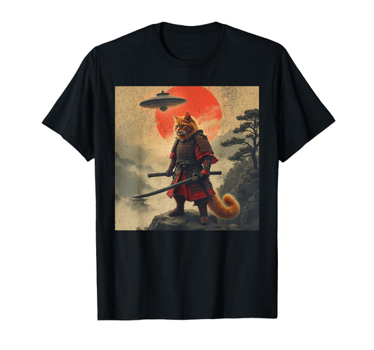 Samurai Orange Cat Warrior Japanese UFO Vintage Ukiyo-e Art T-Shirt