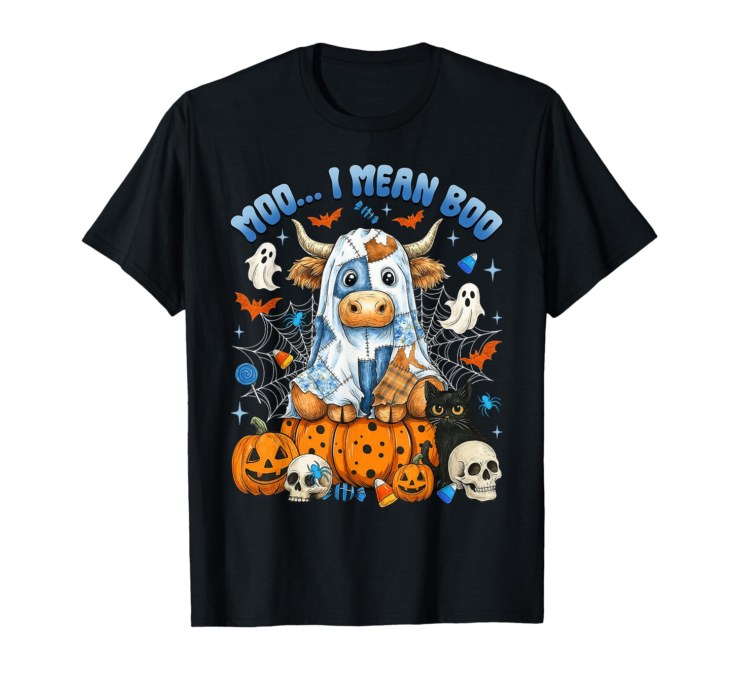 Moo I Mean Boo Funny Highland Cow Ghost Halloween Women Kids T-Shirt