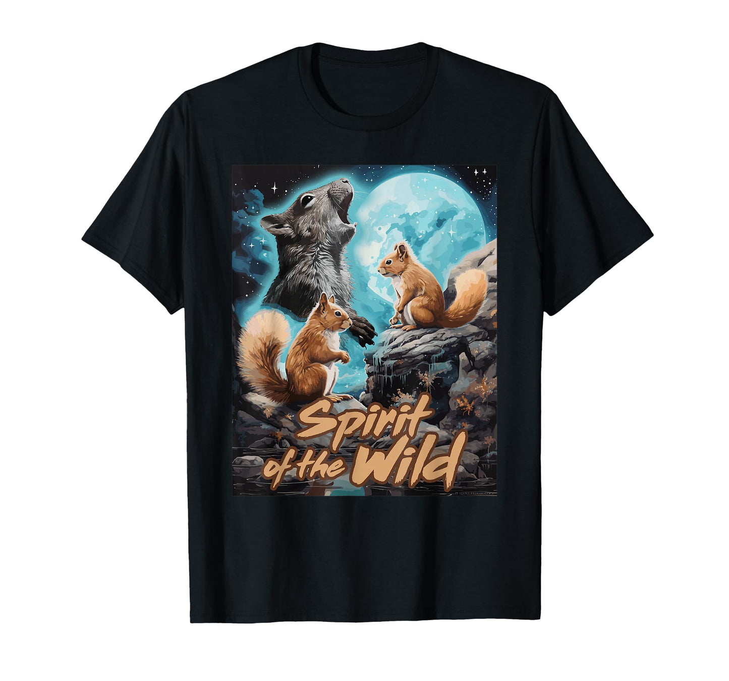 Presto Spirit of the Wild Funny Squirrels Black Women's Cartoon Animal-Print T-Shirt, Small, Short Sleeve, Classic Fit