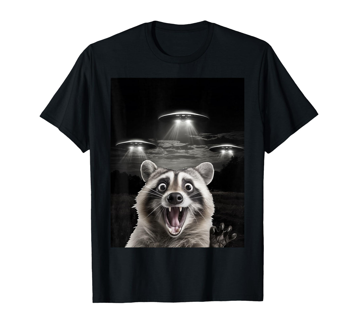 Funny Animal Ufo Alien Selfie Shop - Unisex-Adults UFO Racoon Meme T-Shirt - Black, Small