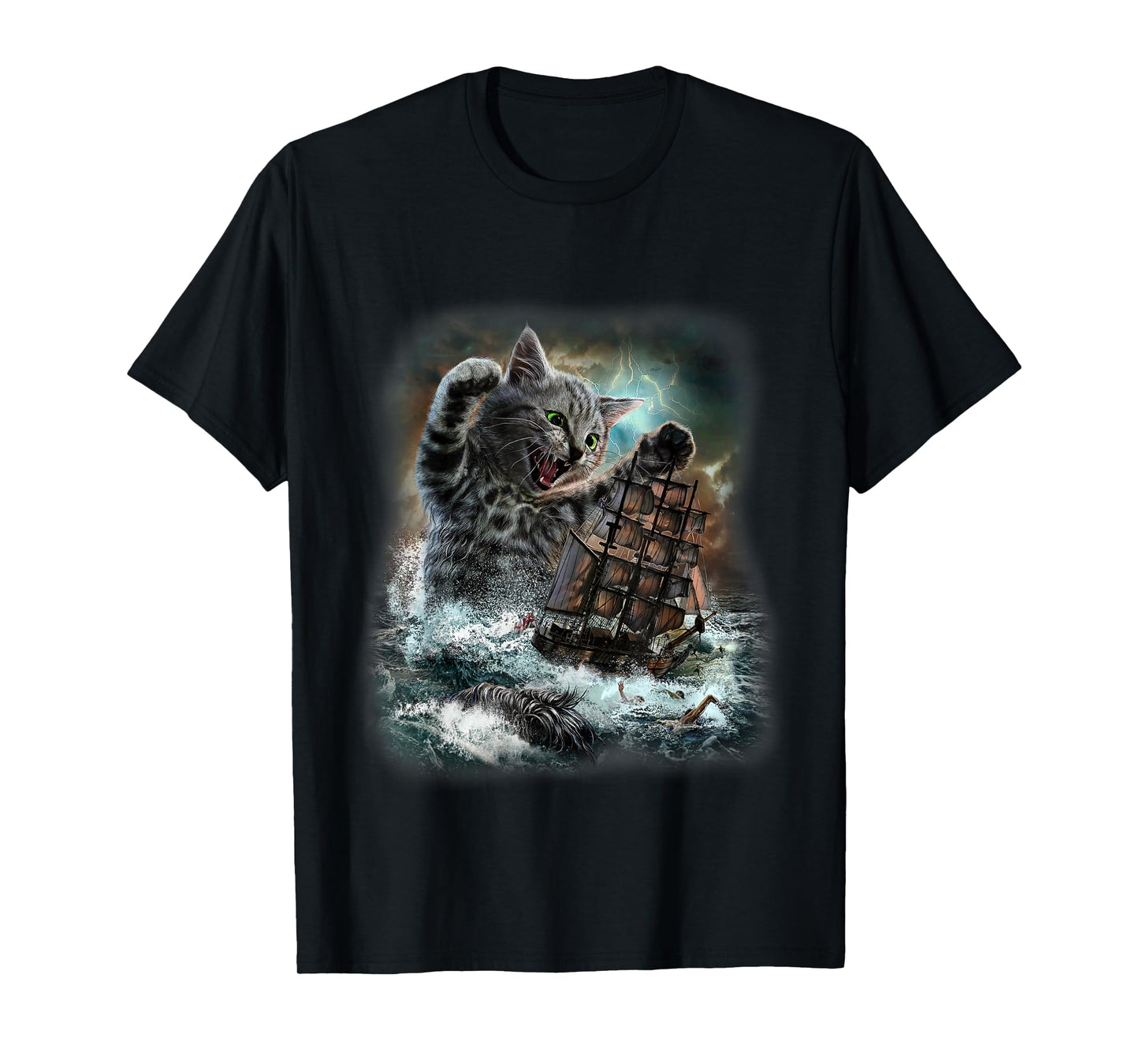 Giant Cat as Kraken Sea Monster Ambush a War Ship in Ocean T-Shirt