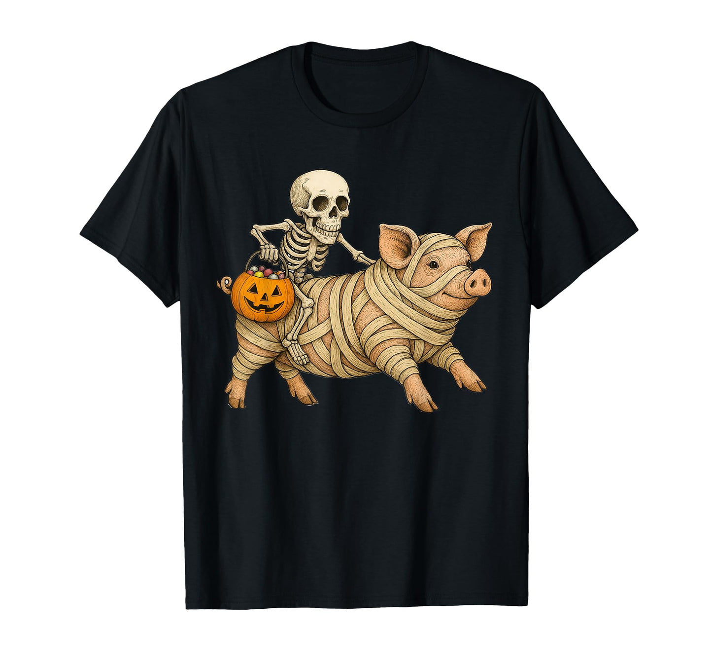 Skeleton Riding Mummy Pig Halloween Funny Pumpkin T-Shirt