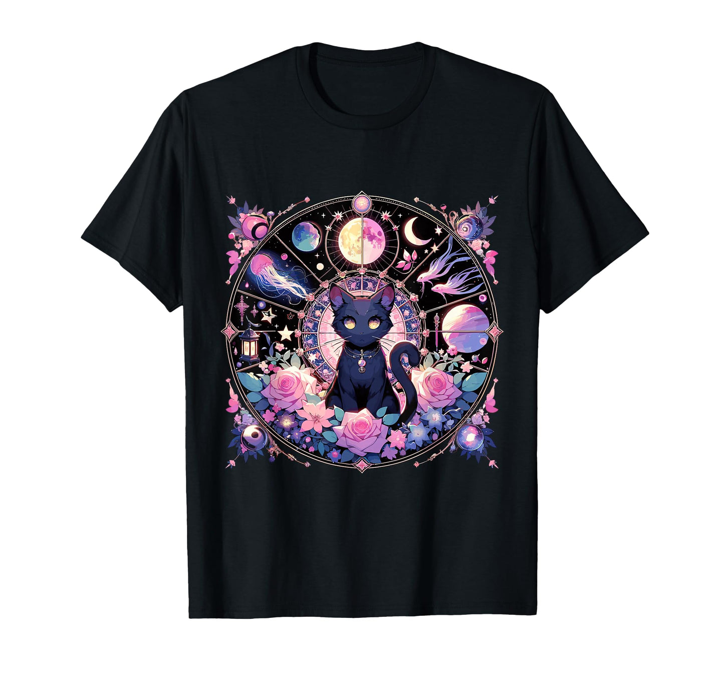 Moon Phases Crystal Witchy Cute Black Cat Kawaii Pastel Goth T-Shirt