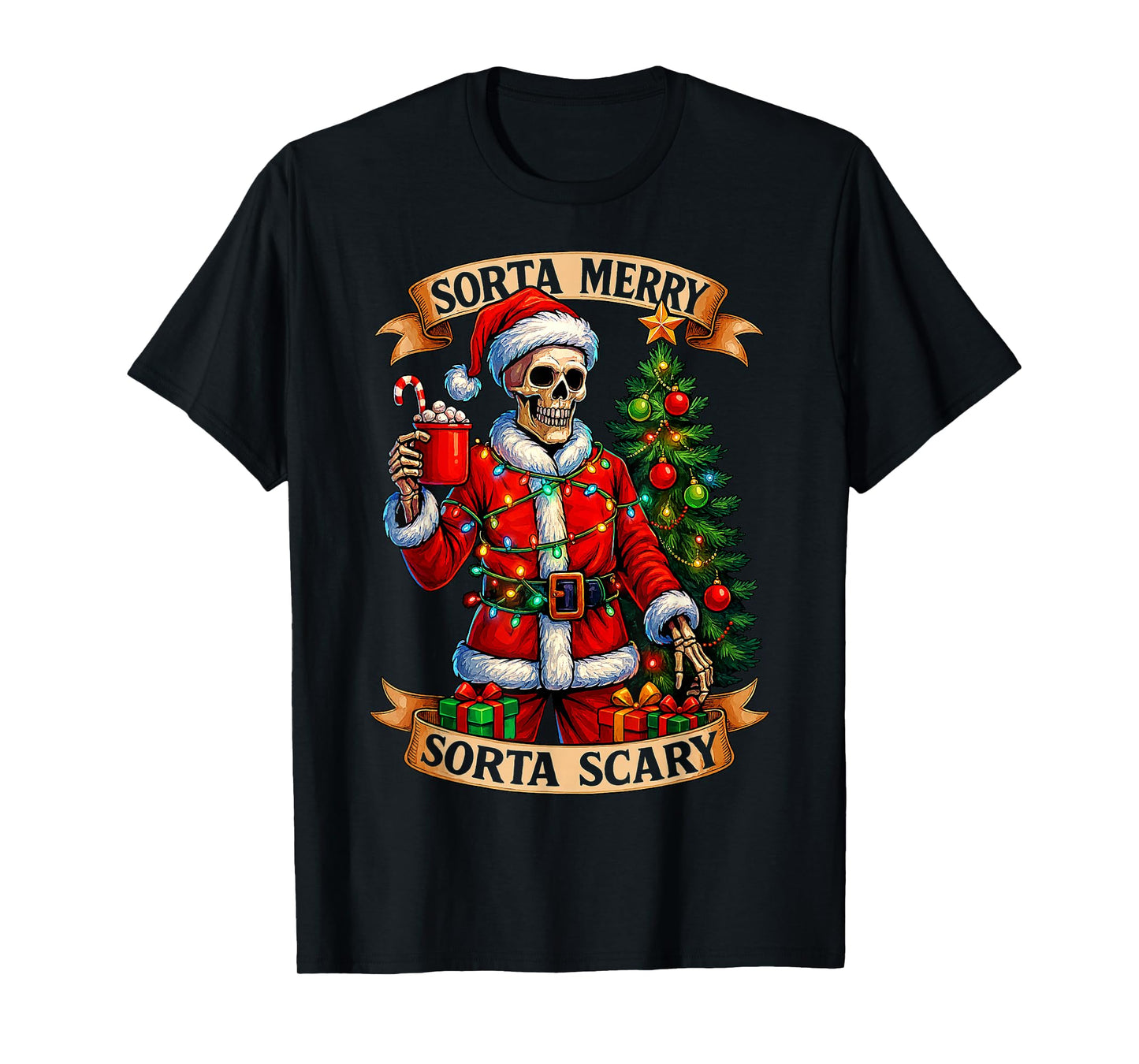 Sorta Merry Sorta Scary Christmas Funny Skeleton Xmas Tree T-Shirt