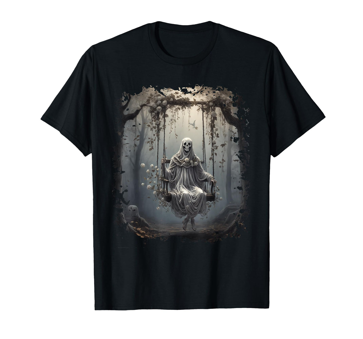 Vintage Floral Ghost On Swing In Forest Halloween Gothic T-Shirt