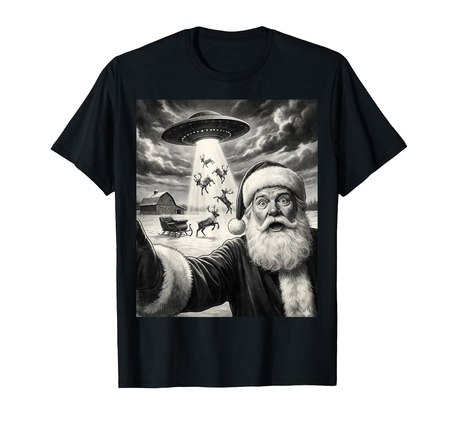 Santa Selfie with Alien UFO Funny Reindeer Men Women Kids T-Shirt