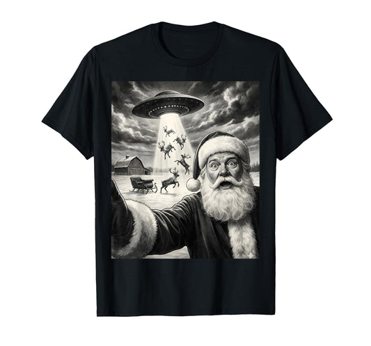 Santa Selfie with Alien UFO Funny Reindeer Men Women Kids T-Shirt
