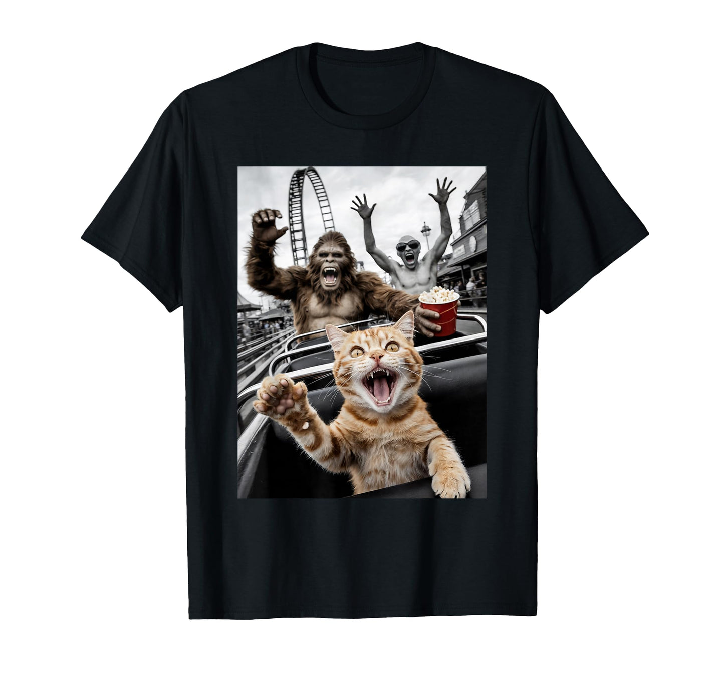 Funny Cat Selfie Bigfoot Alien Roller Coaster T-Shirt