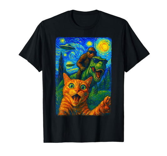 Cat T-Rex Bigfoot UFO Selfie T-Shirt