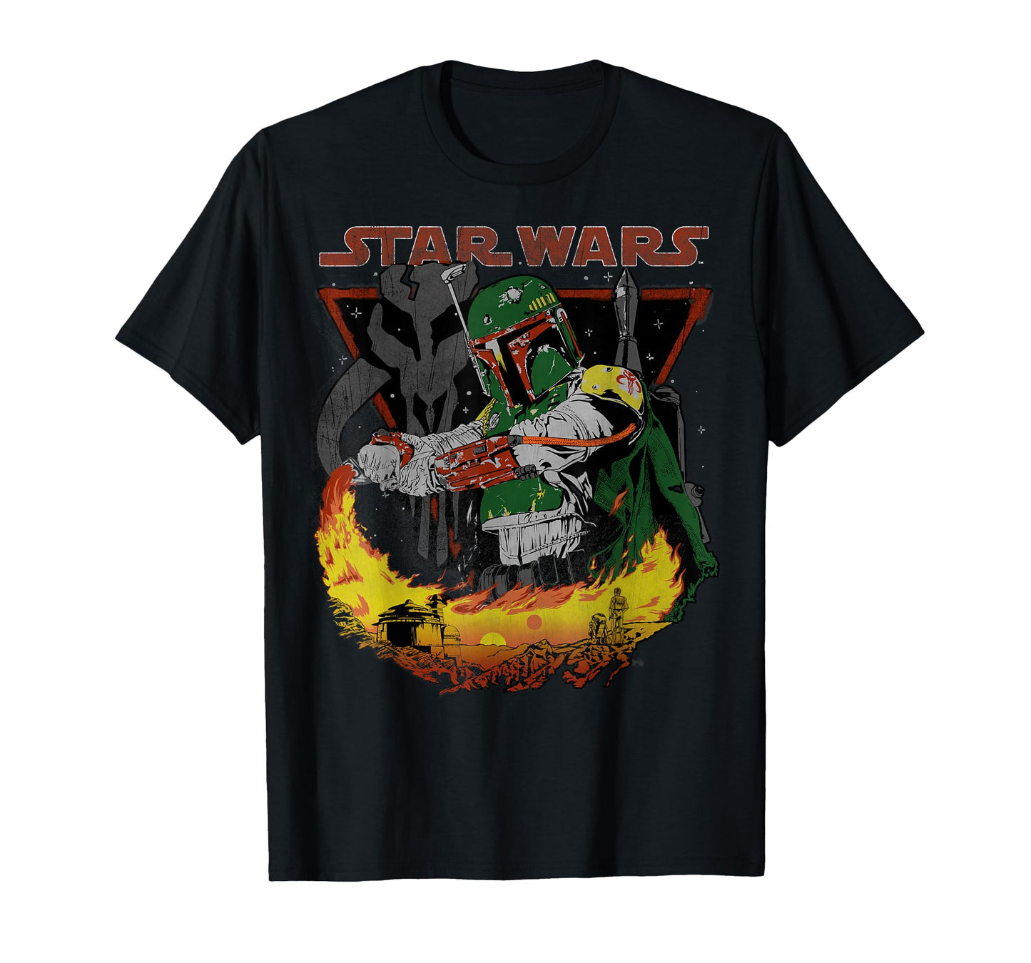 Star Wars Boba Fett Tatooine Flame Retro Poster T-Shirt