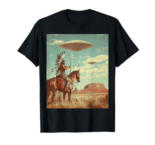 Retro Desert Indian Riding Horse Shooting Bow Arrow UFO Art T-Shirt