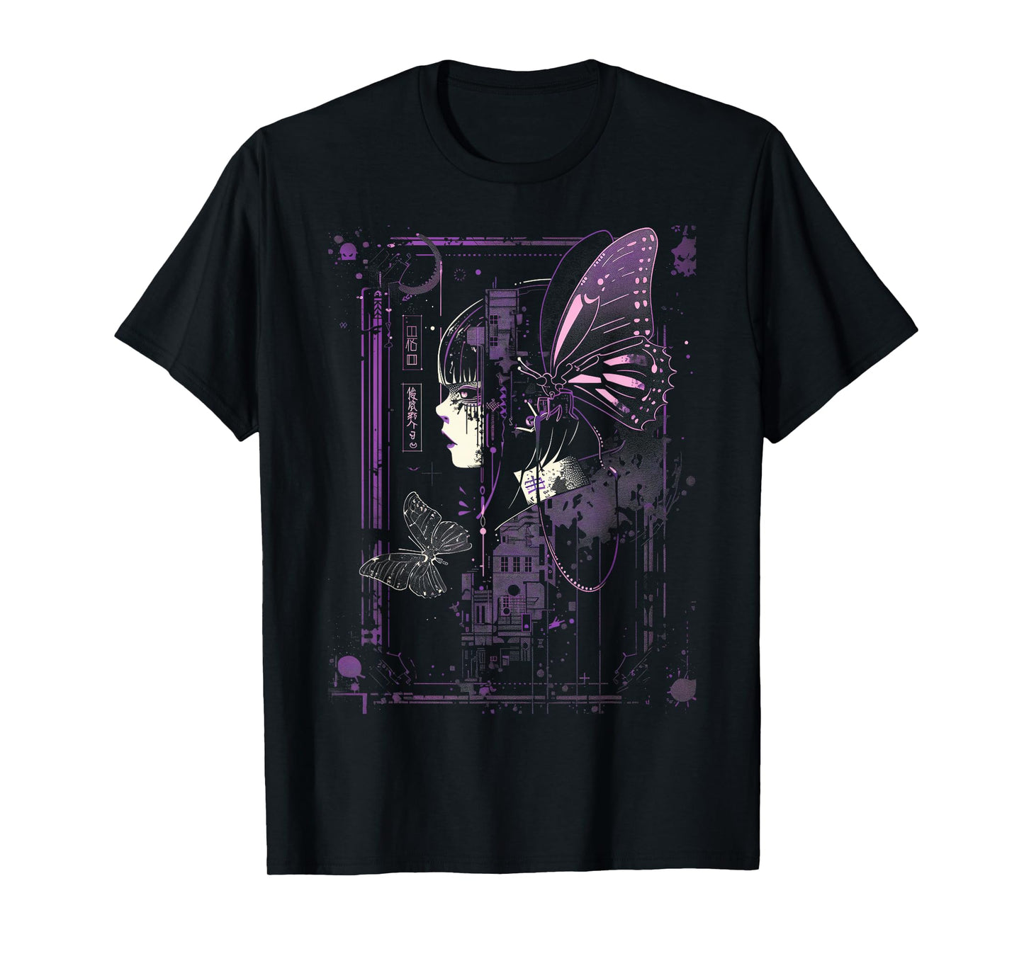 Anime Japanese Goth Cyberpunk City Butterfly Art Fantasy T-Shirt