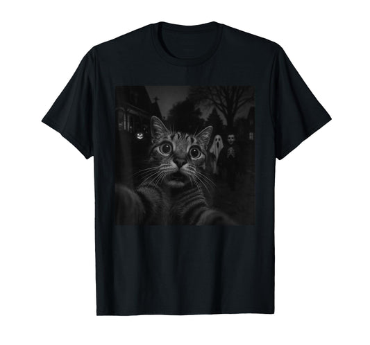 Funny Halloween Cat Selfie Ghost Skeleton Boo Trick or Treat T-Shirt