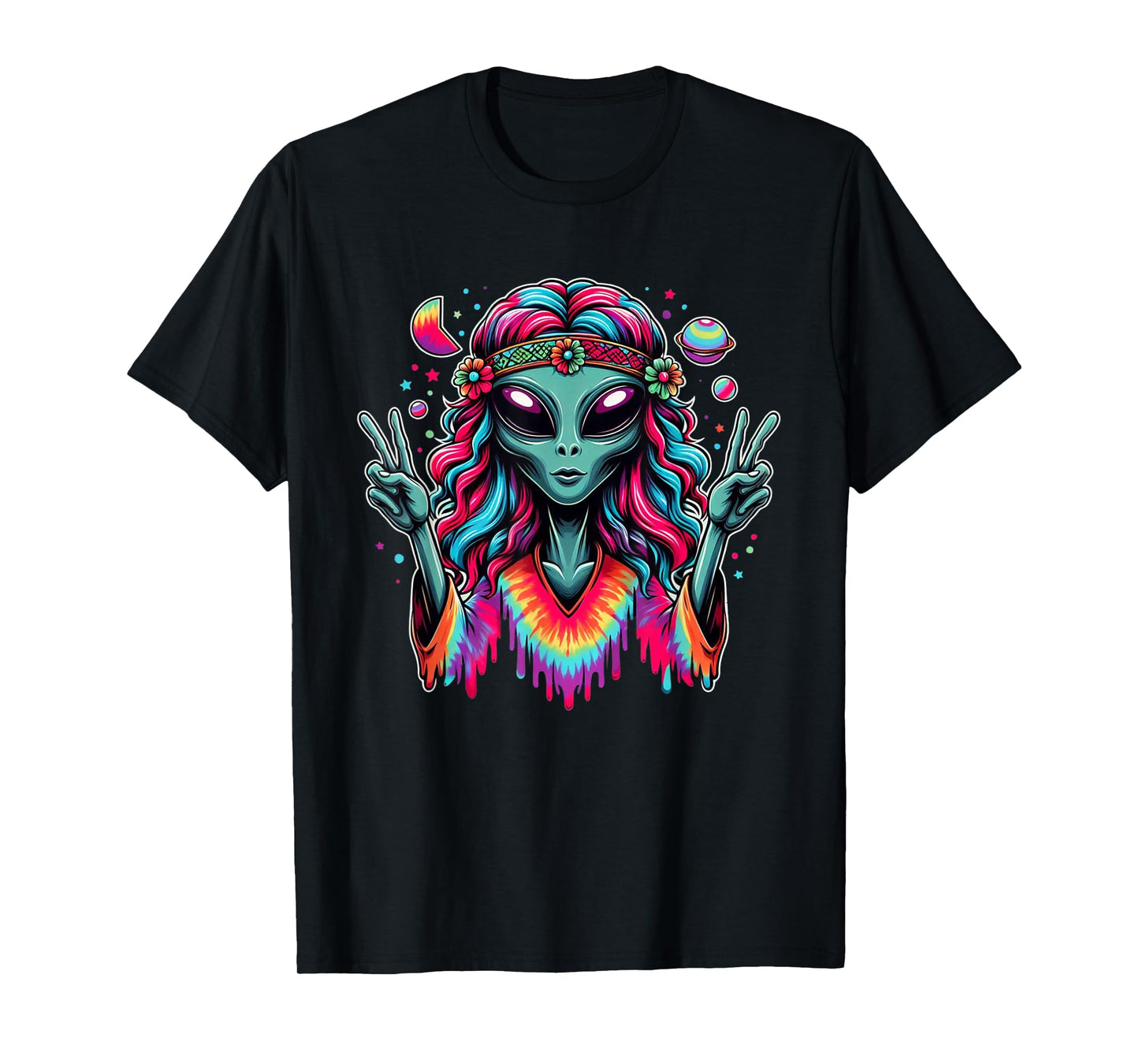 Tie Dye Alien Peace Sign Funny Boho Hippie T-Shirt