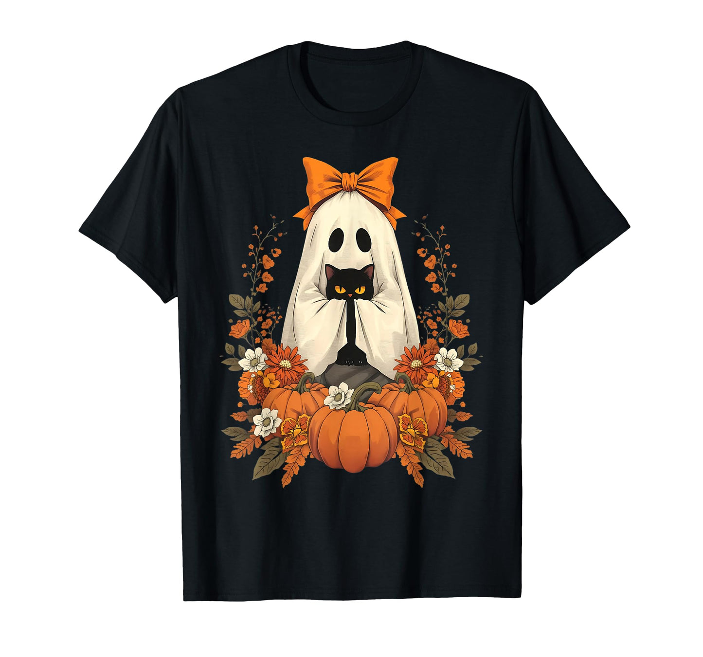 Vintage Halloween Ghost Holding Cat Groovy Floral Cat Meme T-Shirt
