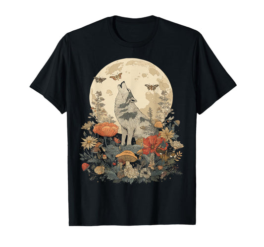 Vintage Cottagecore Aesthetic Moon Phase Wolf Howling T-Shirt