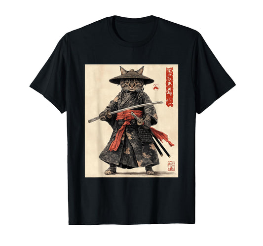Samurai Cat T-Shirt - Japanese Art Style Warrior Graphic Tee T-Shirt