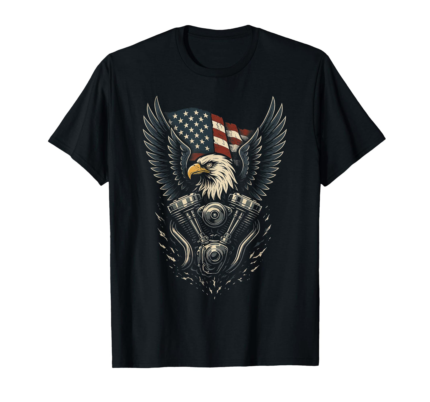 Patriotic Bald Eagle V Twin Engine American Flag Biker T-Shirt