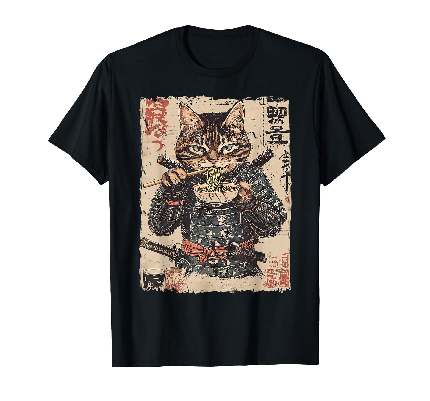 Samurai Cat Loves Ramen Funny Anime Japanese Artwork Samurai T-Shirt