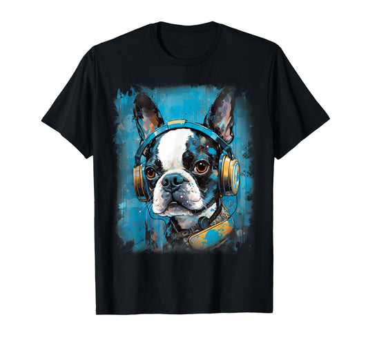 Rave EDM Boston Terrier Dog Headphone T-Shirt for Men Women Kids