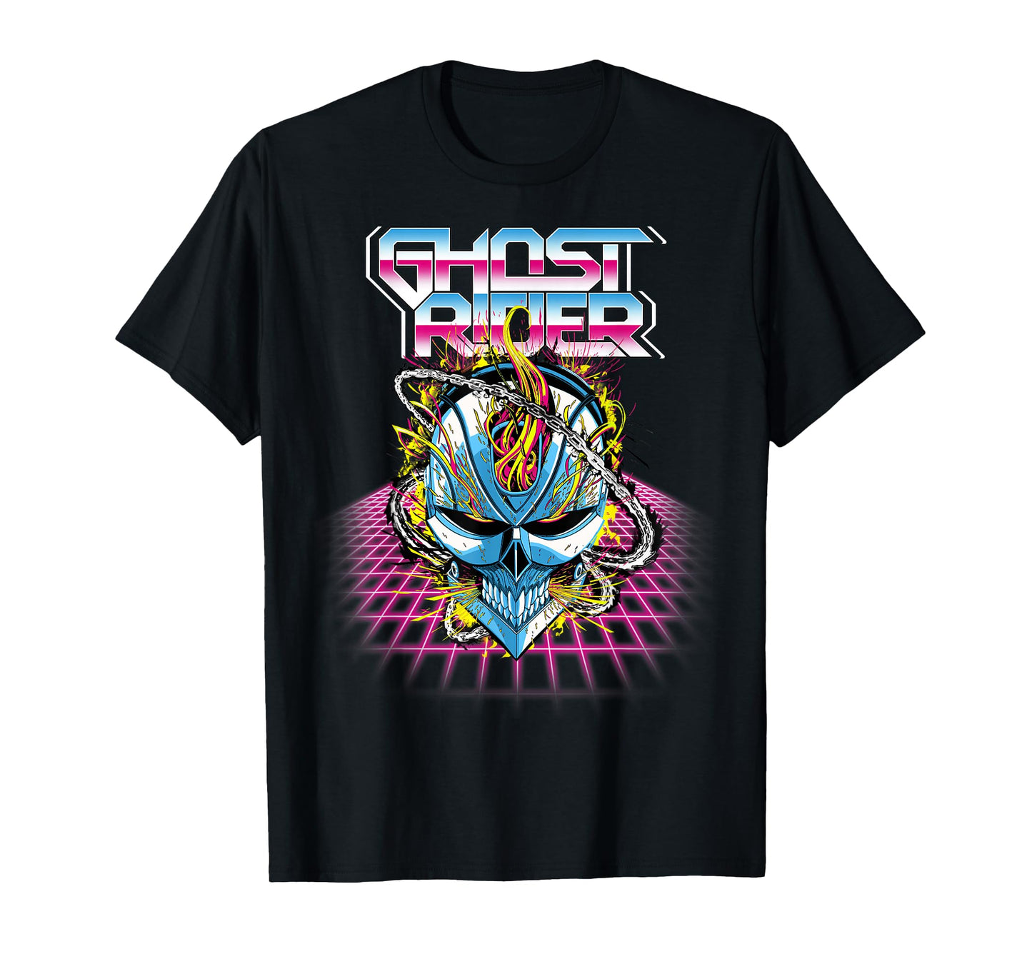 Marvel Ghost Rider Super 80s Retro Neon Grid Graphic T-Shirt T-Shirt