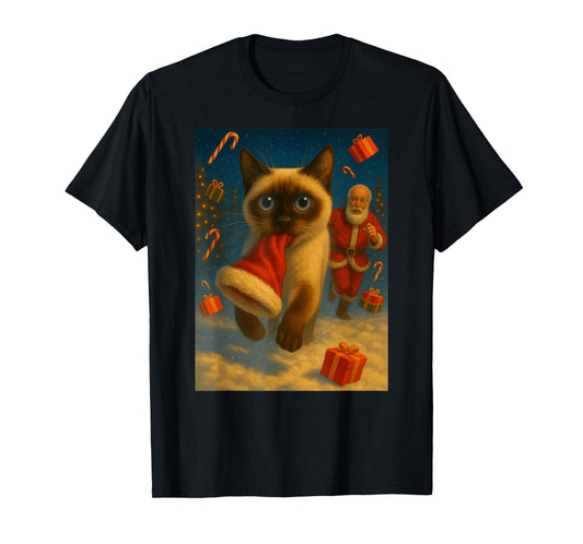 Christmas Santa Sleigh Siamese Cat Selfie Xmas Meme T-Shirt