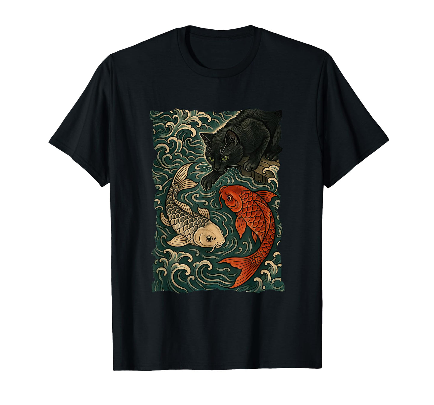 Cat Graphic Tee Women Men Funny Yin Yang Fish Japanese Art T-Shirt