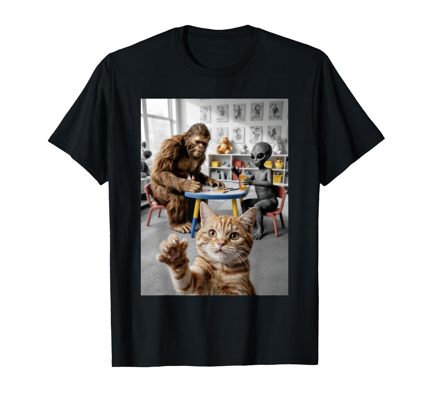 Funny School Classroom Cat Selfie with Bigfoot and Alien T-Shirt