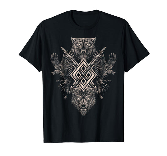 Norse Viking Wolf Raven of Odin with Pagan Gungnir Symbol T-Shirt