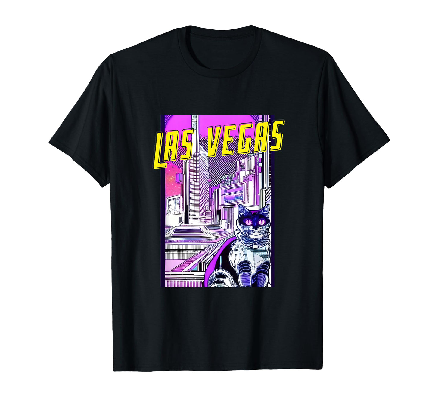 Las Vegas Cat Retro Anime Cityscape Nevada USA Vintage Funny T-Shirt