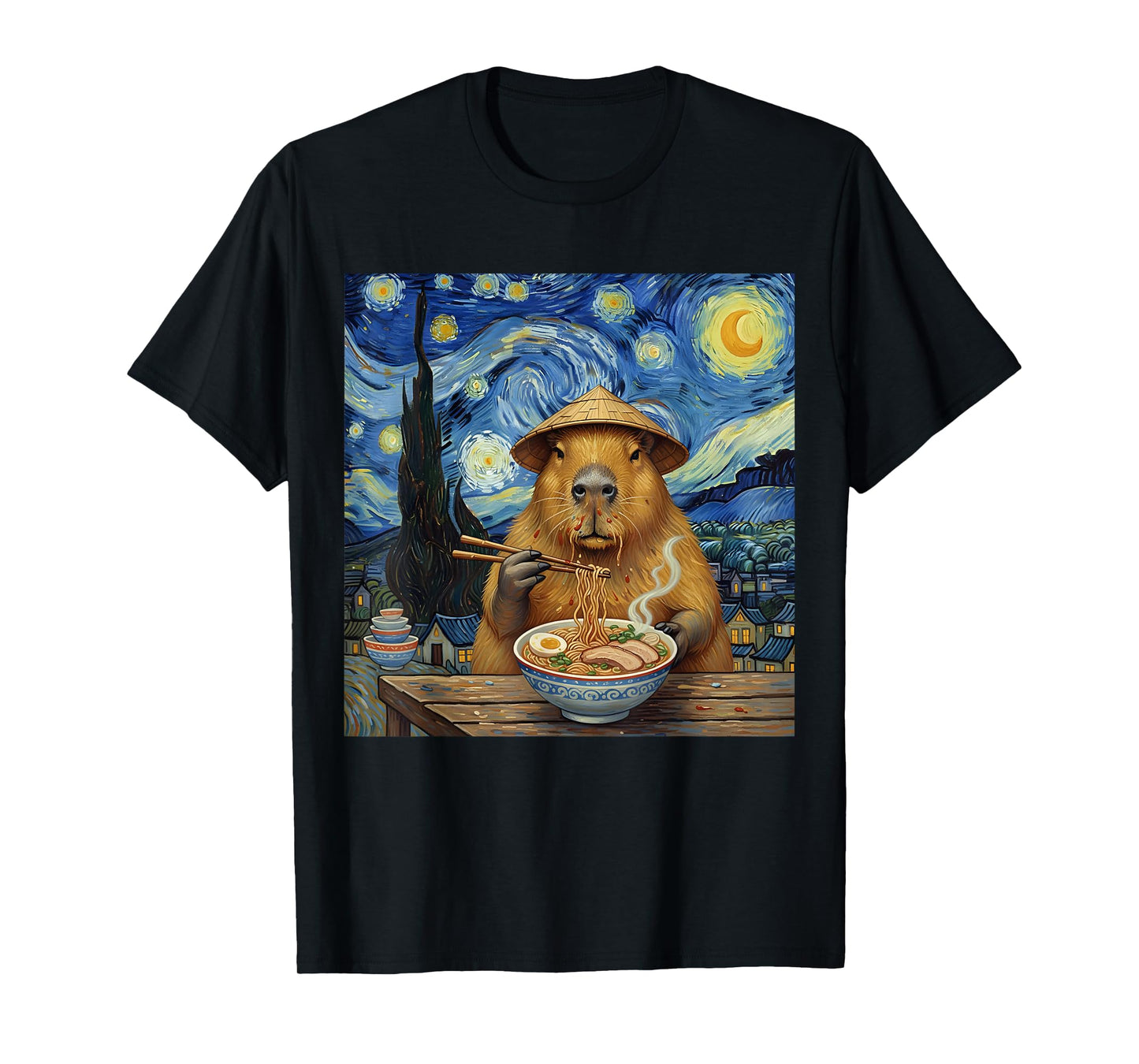 Capybara Eating Ramen Van Gogh Style Art Men Women Kids T-Shirt