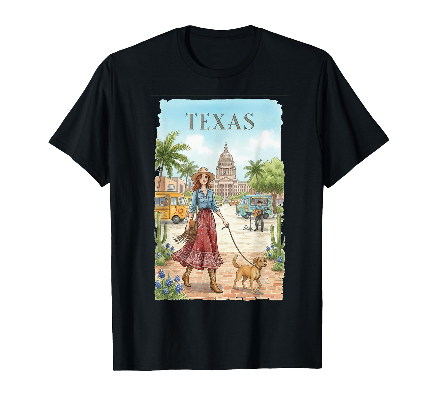 Texas Travel Art – Cowgirl with Dog in Austin City Scene T-Shirt