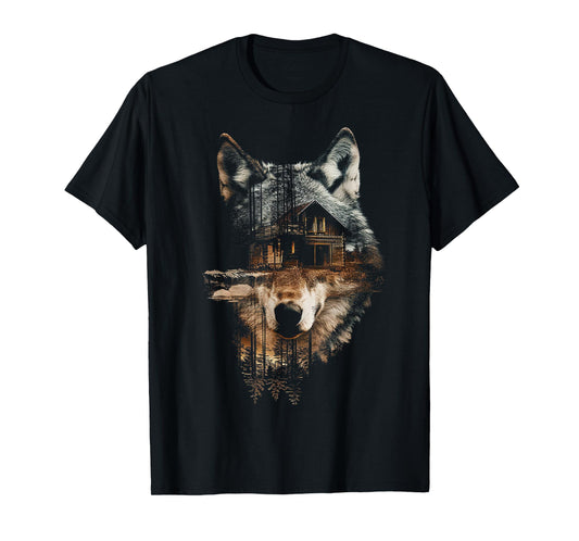 Wolf Nature House Animal Trees Illustration Art Wolf T-Shirt