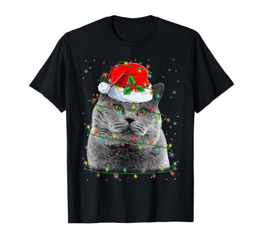 Funny British Shorthair Cat Santa Hat Christmas Tree Lights T-Shirt