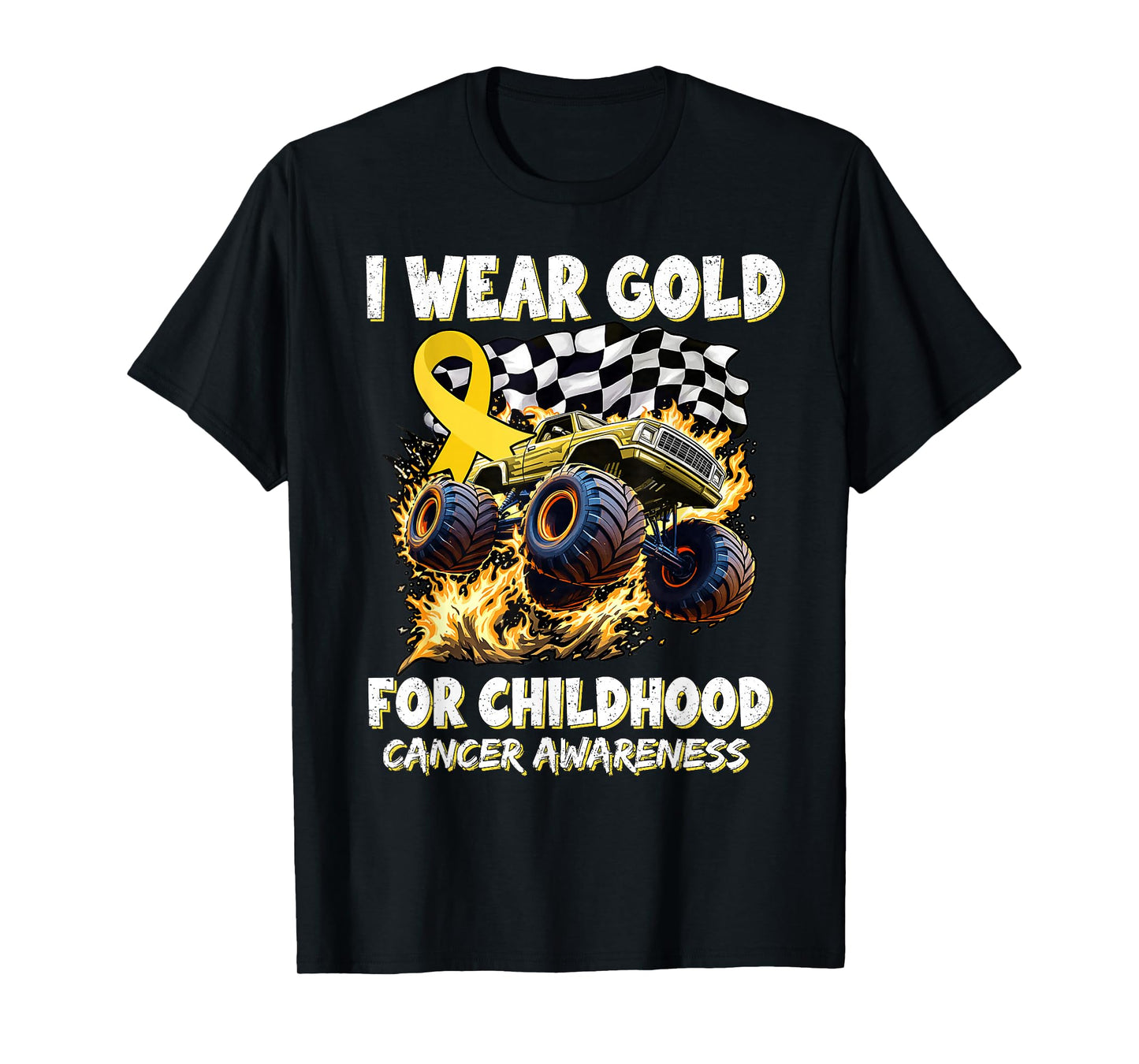 I Wear Gold For Childhood Cancer Awareness Monster Truck Kid T-Shirt