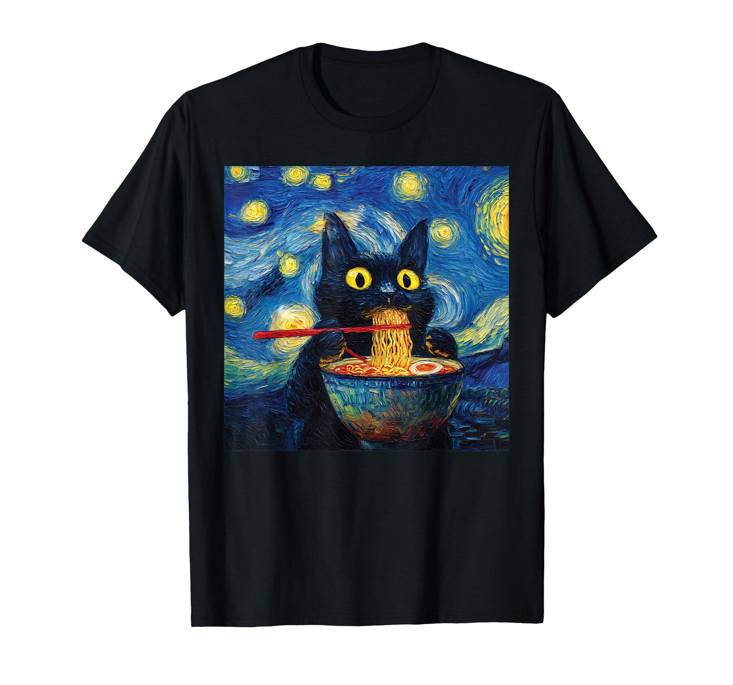 Cat Eating Ramen Under Starry Nighit Funny Noodle Cat Art T-Shirt