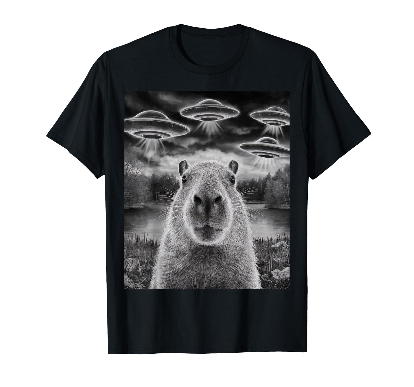 Funny Capybara Selfie with UFOs Weird Design Women Men T-Shirt